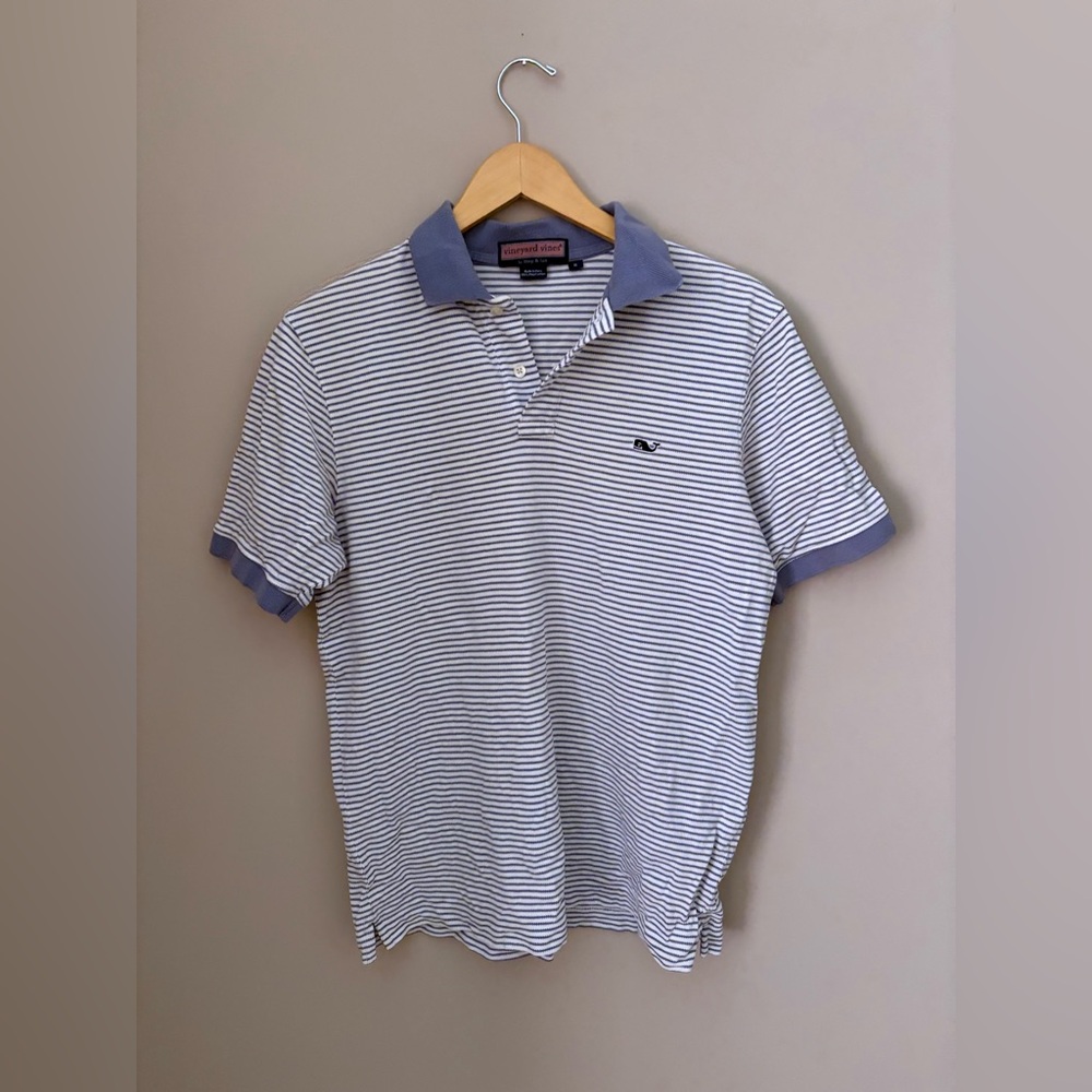 Men’s Vineyard Vines White and Blue Striped Polo with Blue Collar Size S - Picture 1 of 3